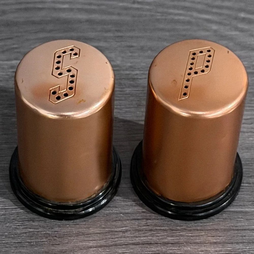 Vintage Copper Tone Salt and Pepper Shakers Set Made in USA Mid Century Modern